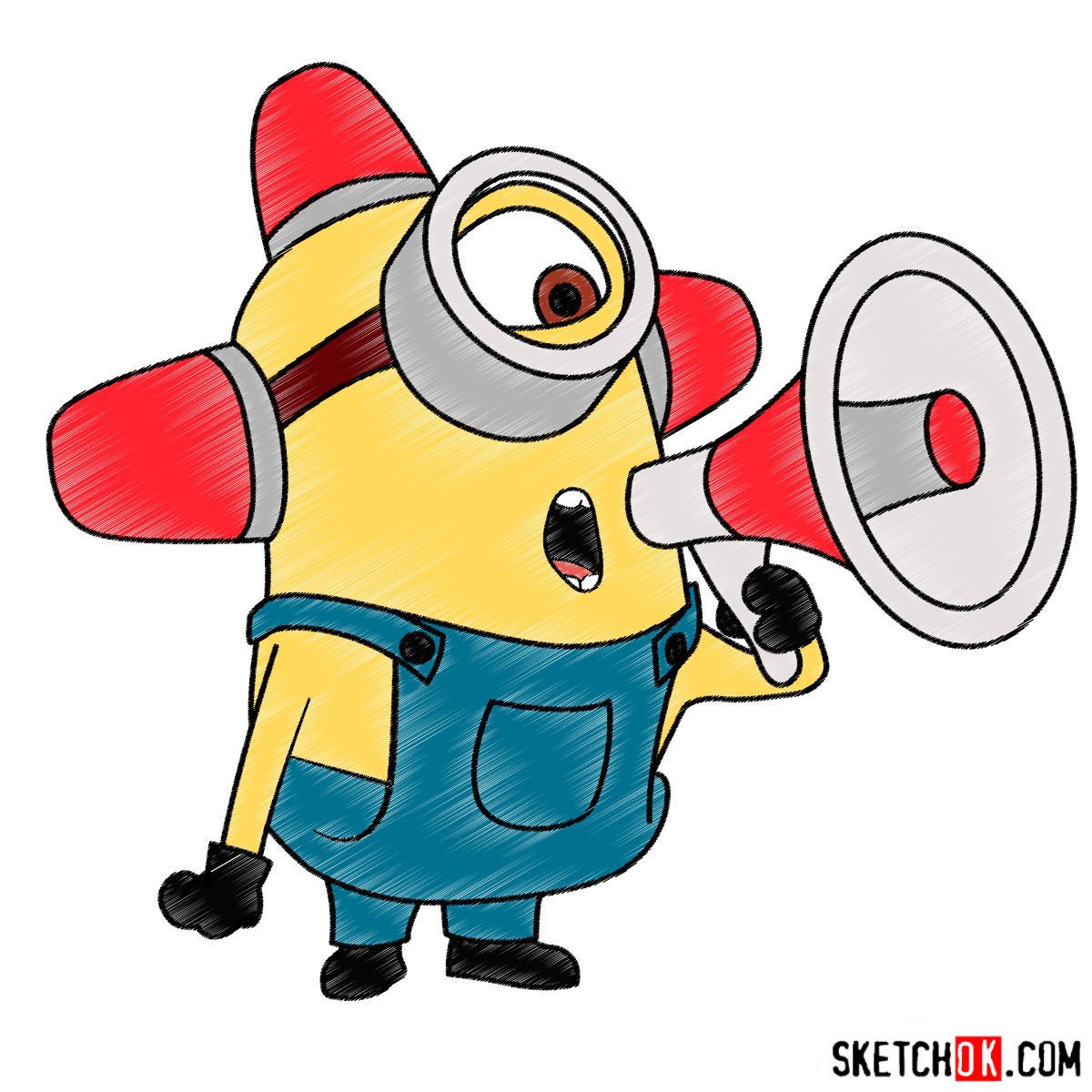 How to draw minion Carl with a loudspeaker - Sketchok easy drawing guides