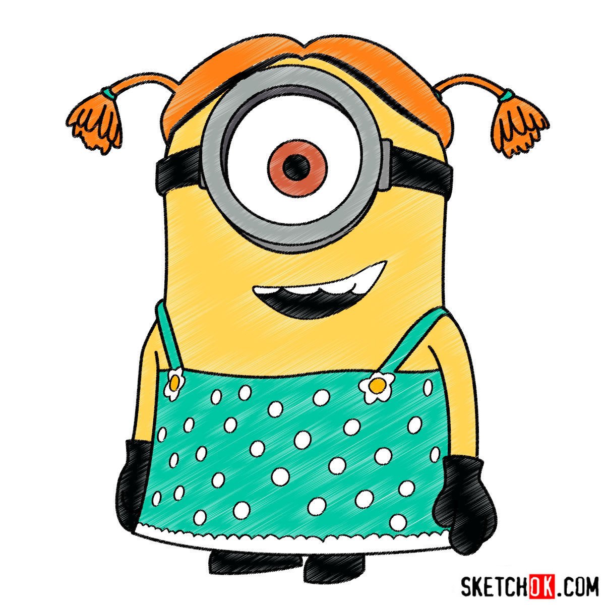 How to draw minion Stuart dressed as a girl - Sketchok easy drawing guides