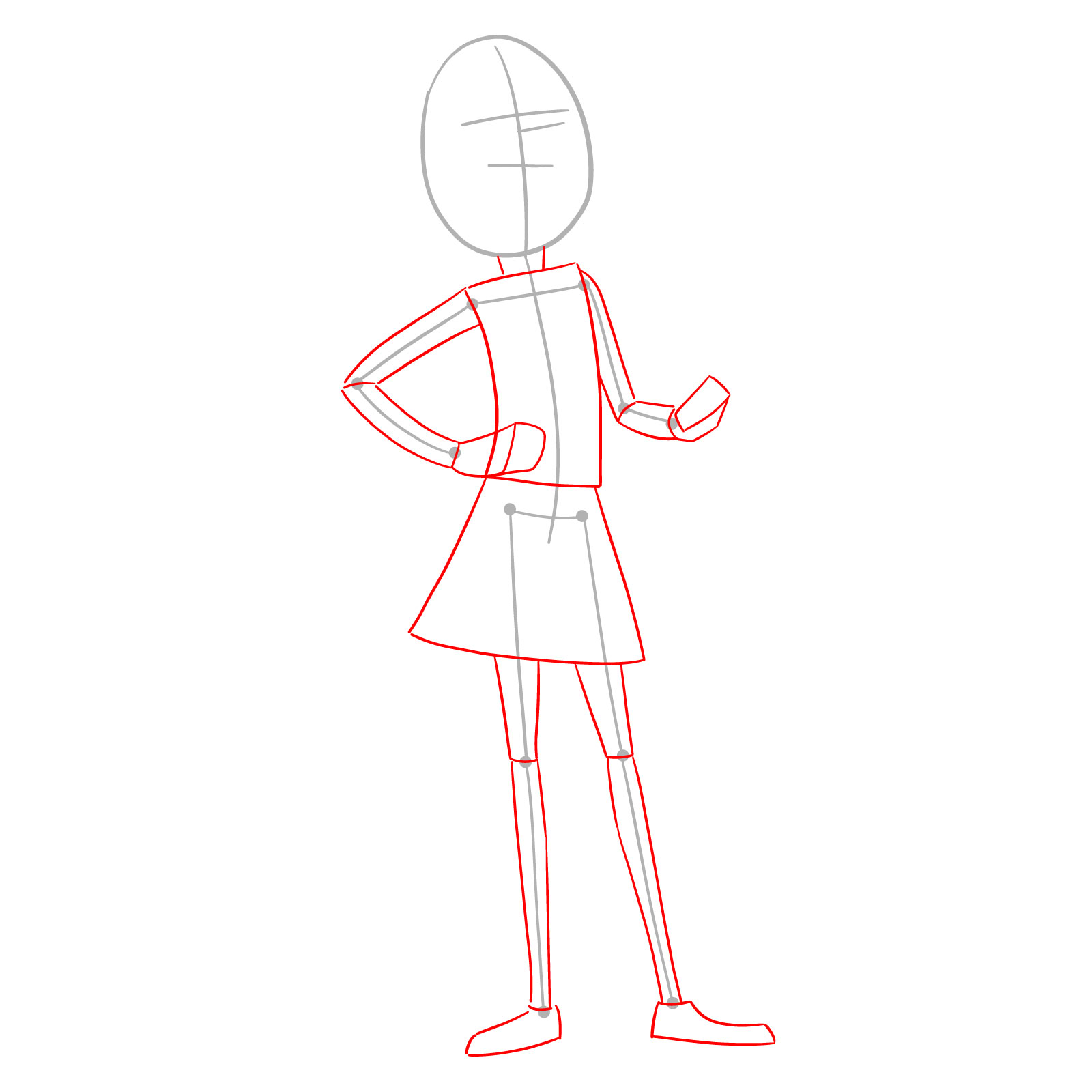 A step-by-step guide to draw Poppy Prescott in her regular outfit - step 02