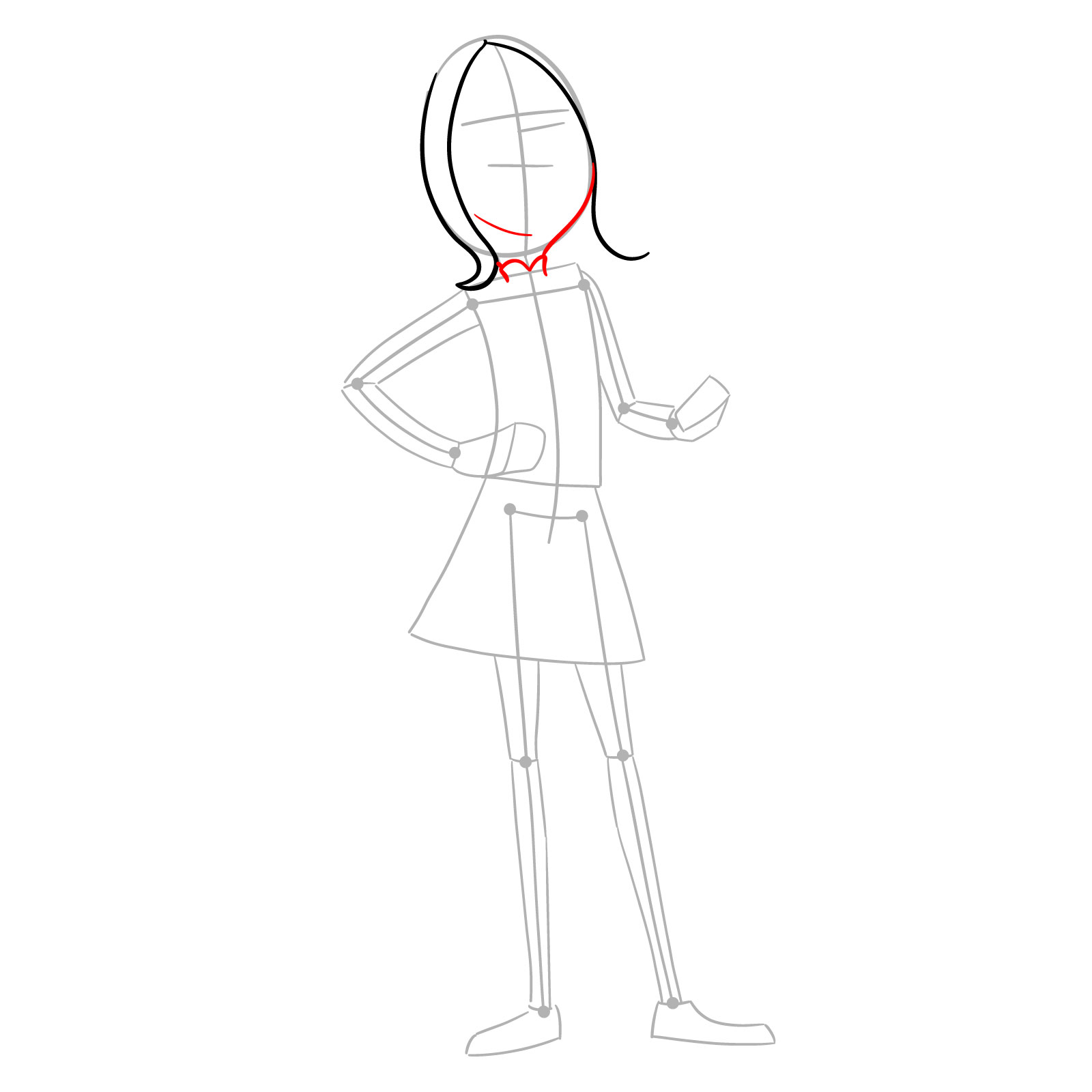 A step-by-step guide to draw Poppy Prescott in her regular outfit - step 04