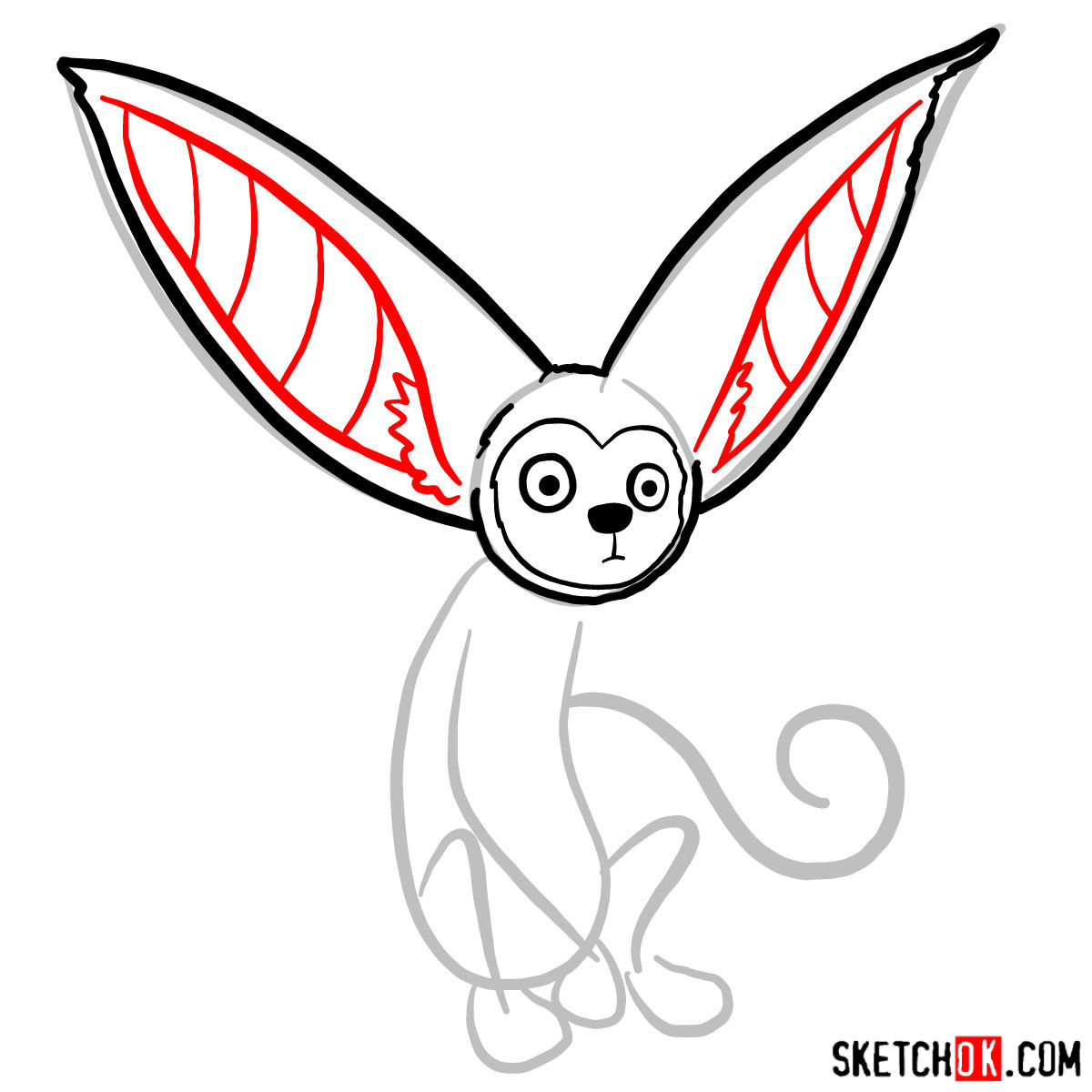 Step-by-step drawing guide of Momo the winged limur.