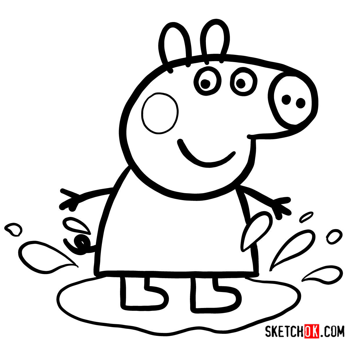 How to draw Peppa Pig in the mud puddle - Sketchok easy drawing guides