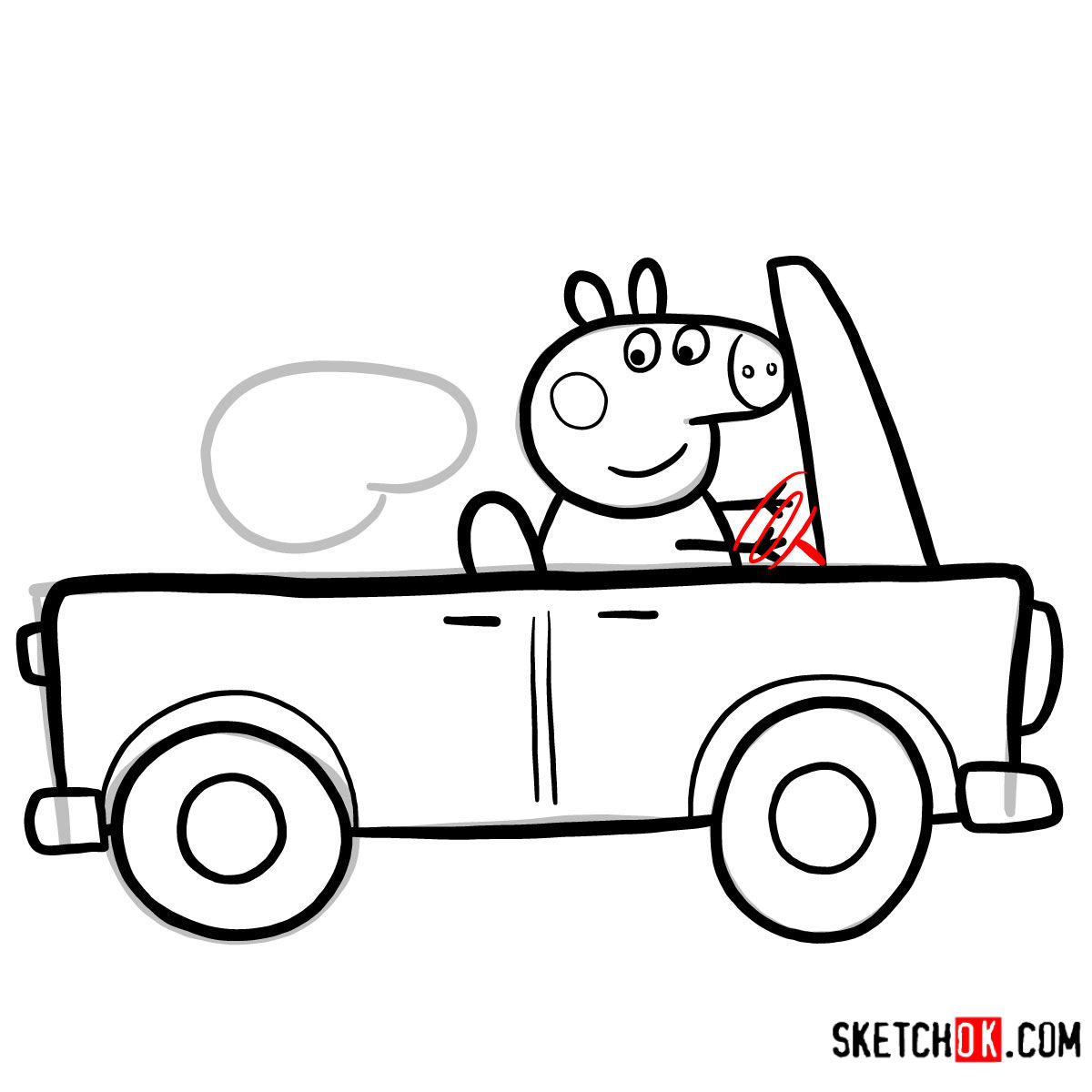 How to draw George Pig with Mummy Pig riding a car - step 08