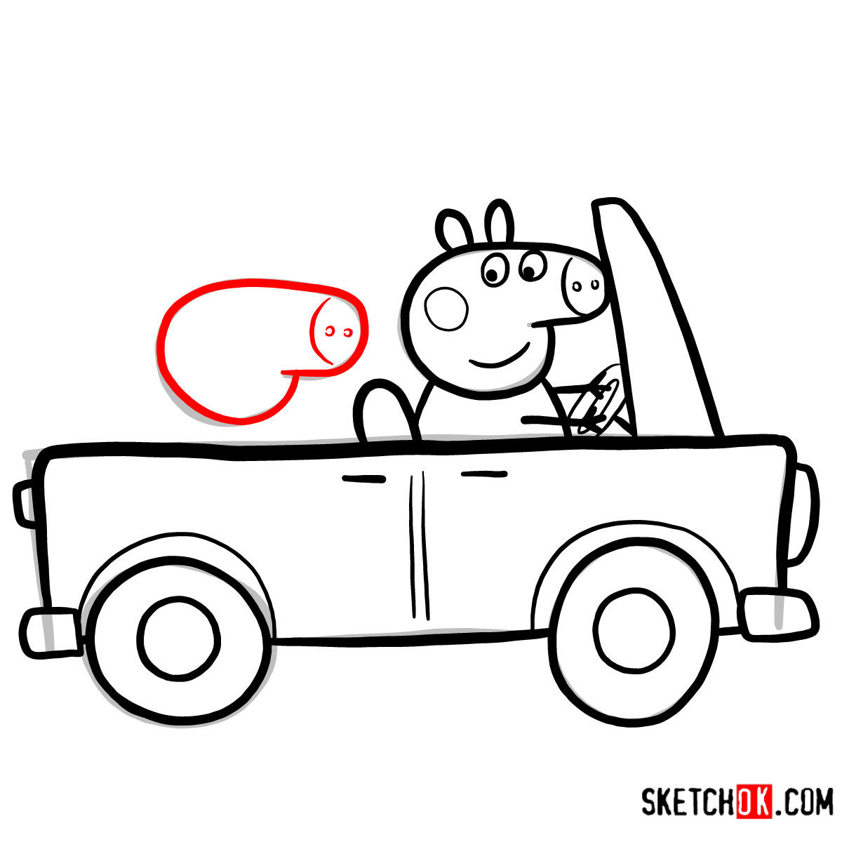 How to draw George Pig with Mummy Pig riding a car - step 09