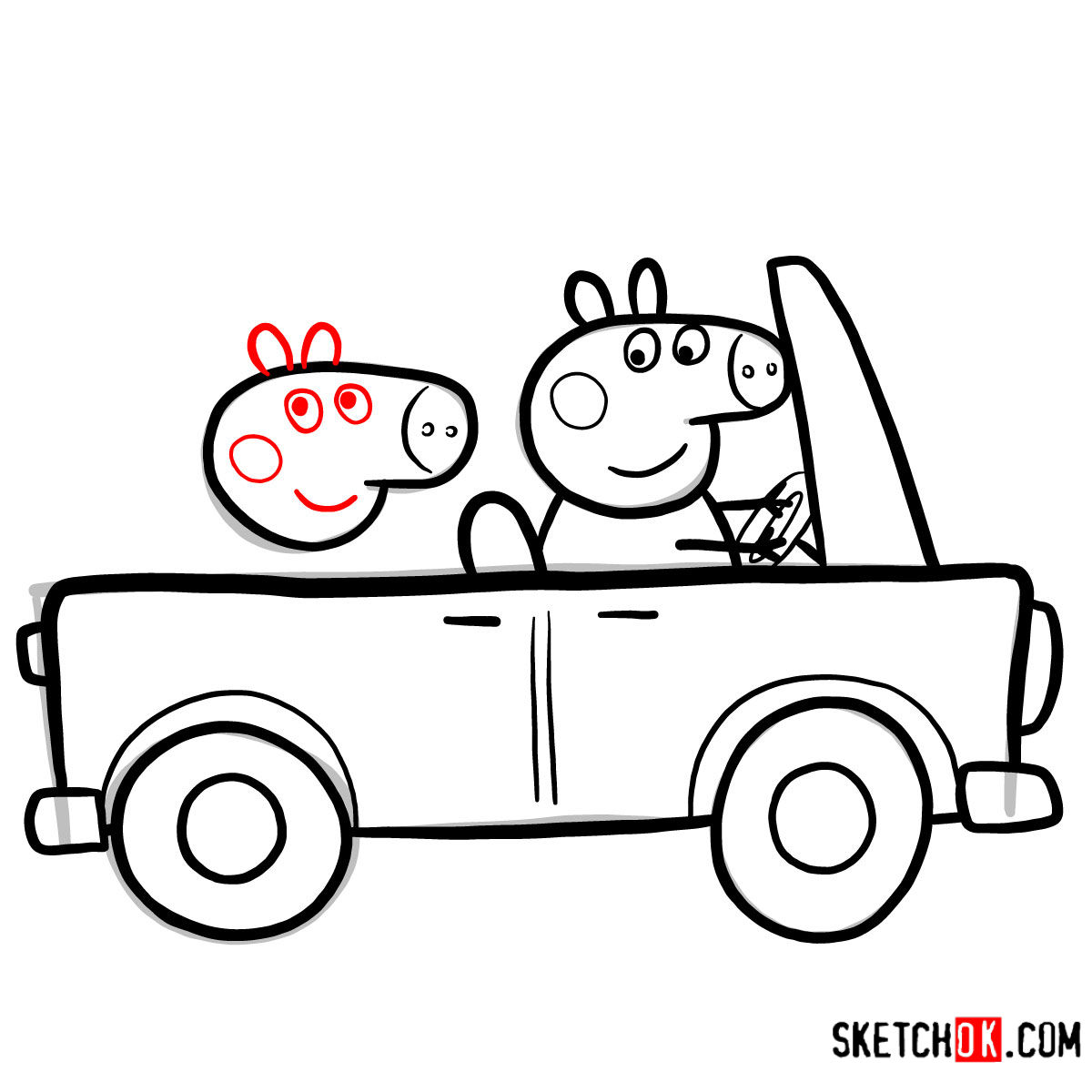 How to draw George Pig with Mummy Pig riding a car - step 10