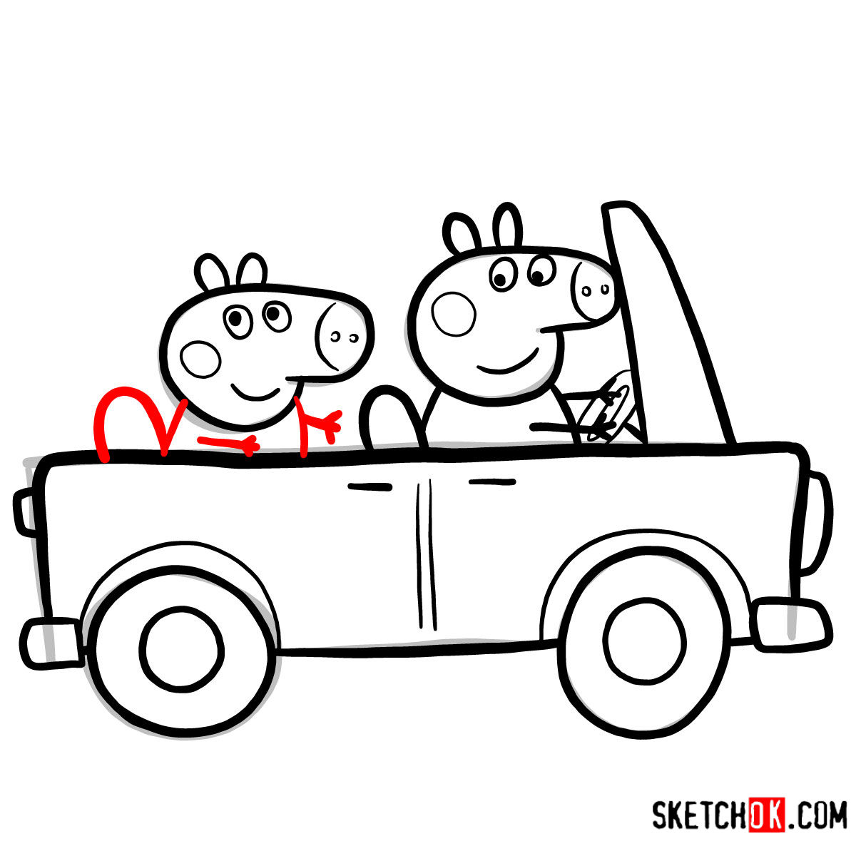 How to draw George Pig with Mummy Pig riding a car - step 11