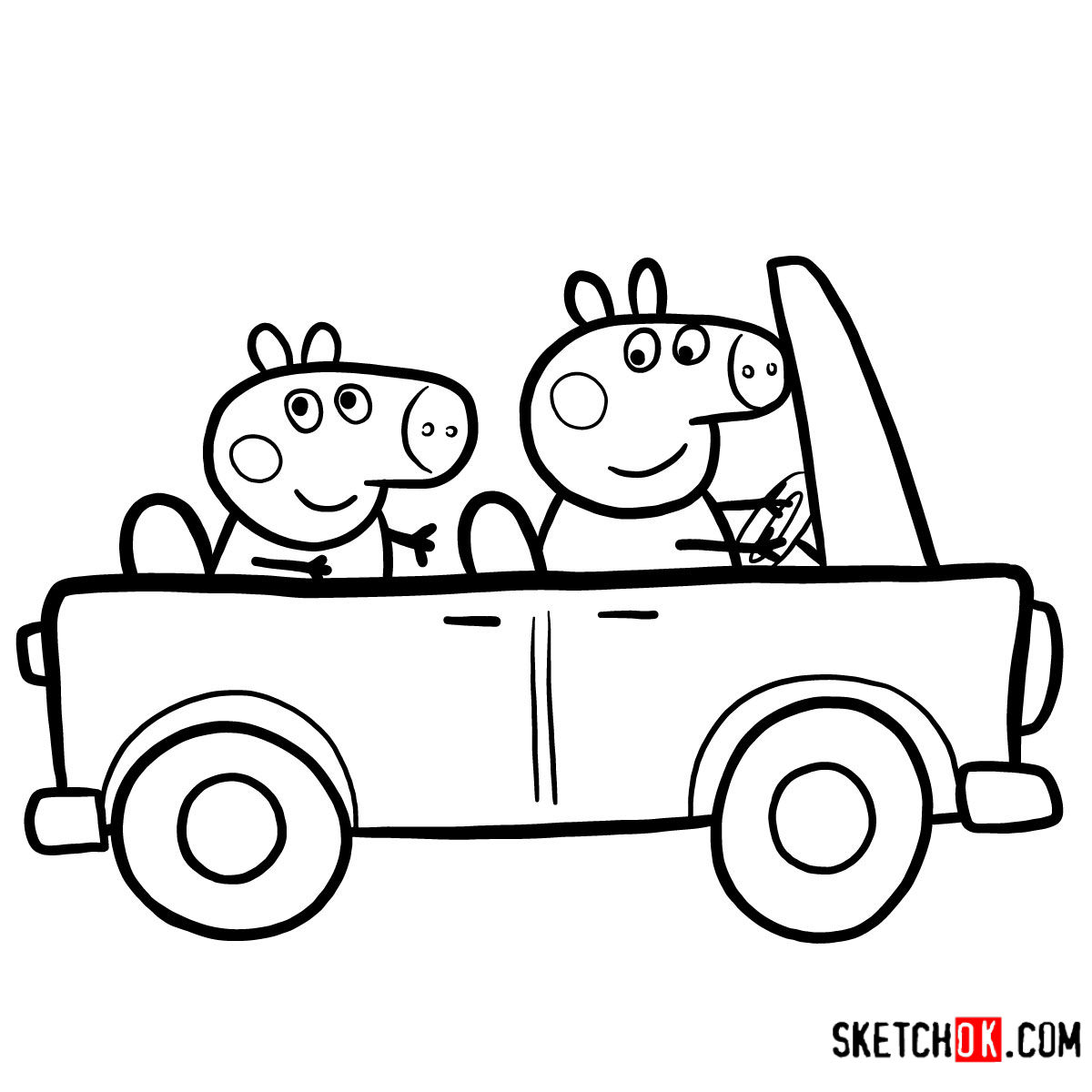 How to draw George Pig with Mummy Pig riding a car