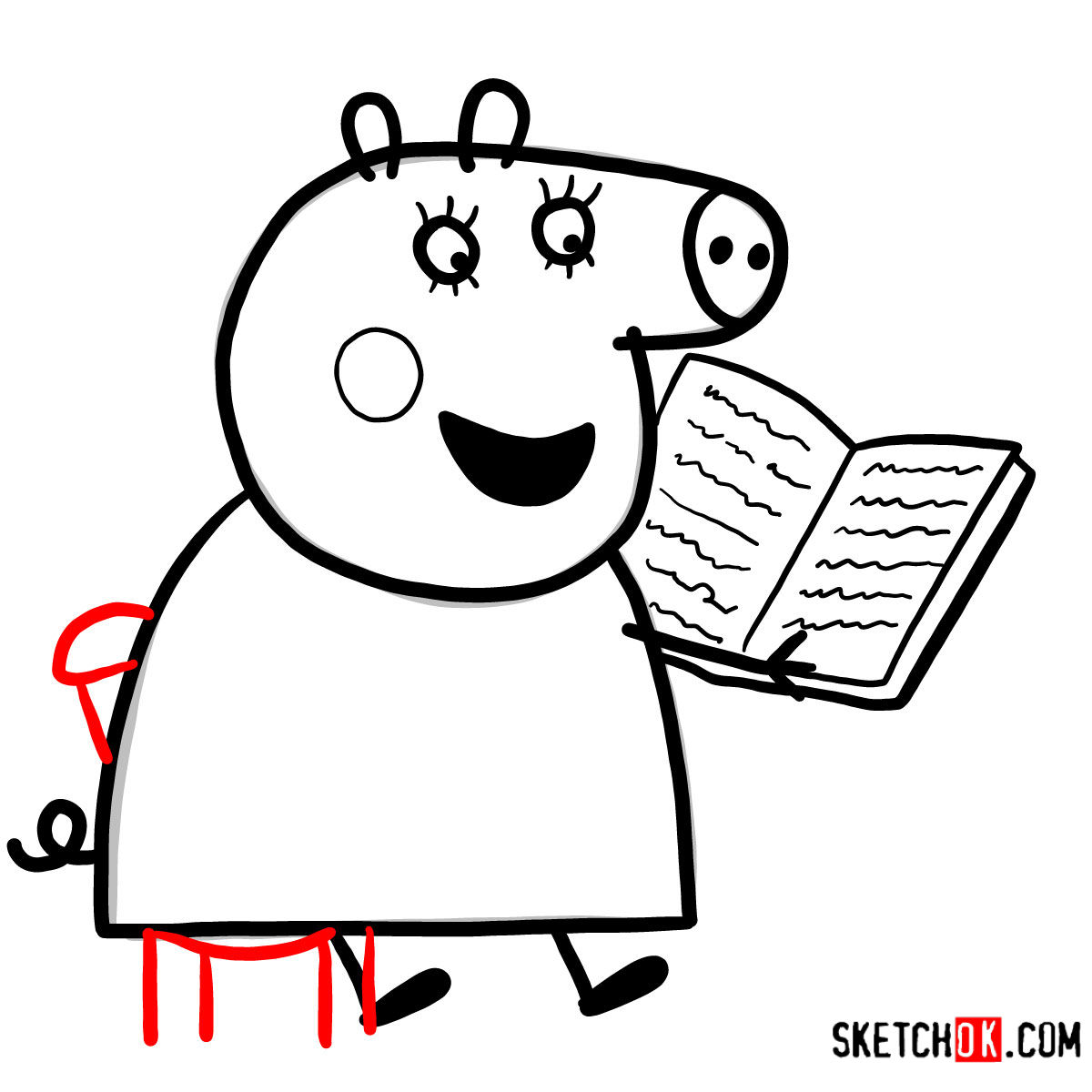 How to draw Mummy Pig reading a book - step 09