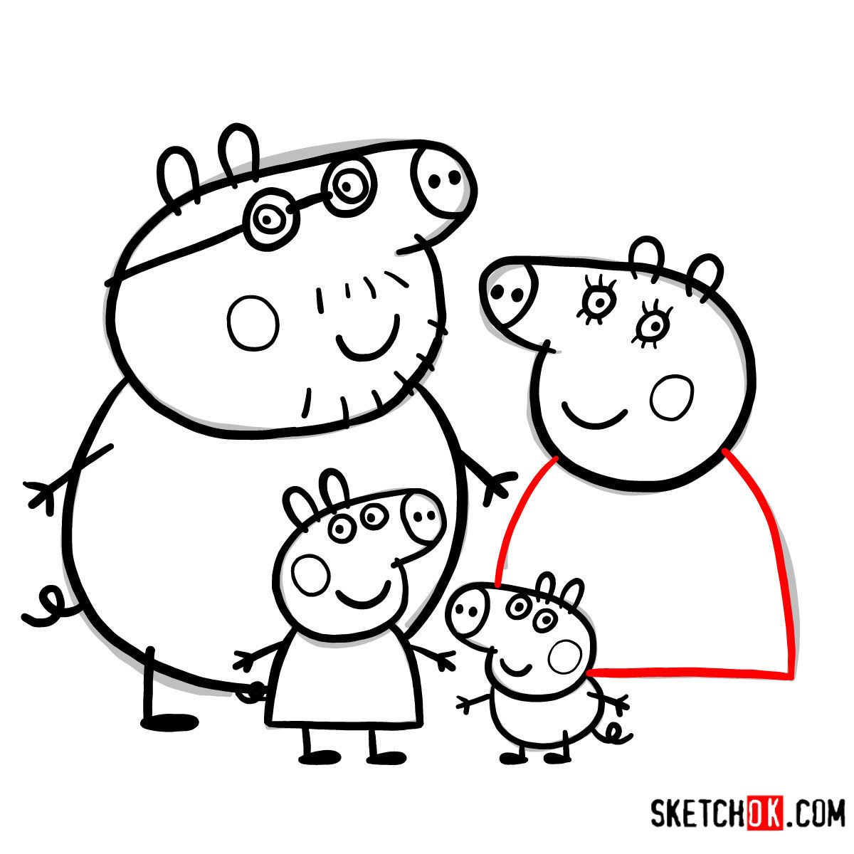 How to draw Peppa Pig's family - step 19