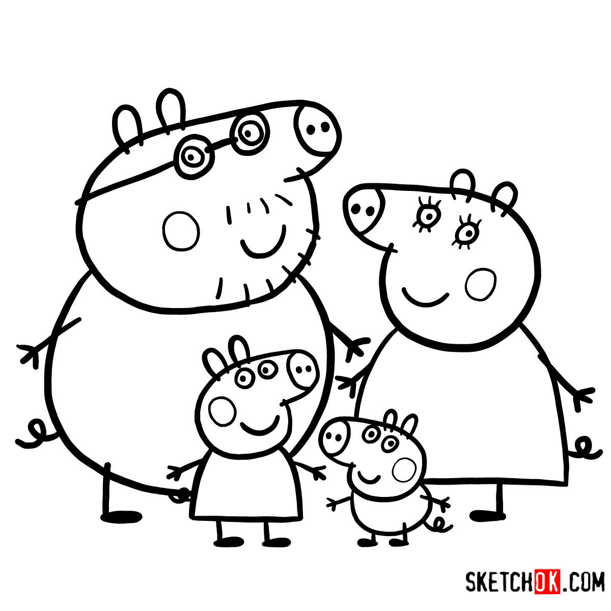 How to draw Peppa Pig characters - Sketchok easy drawing guides