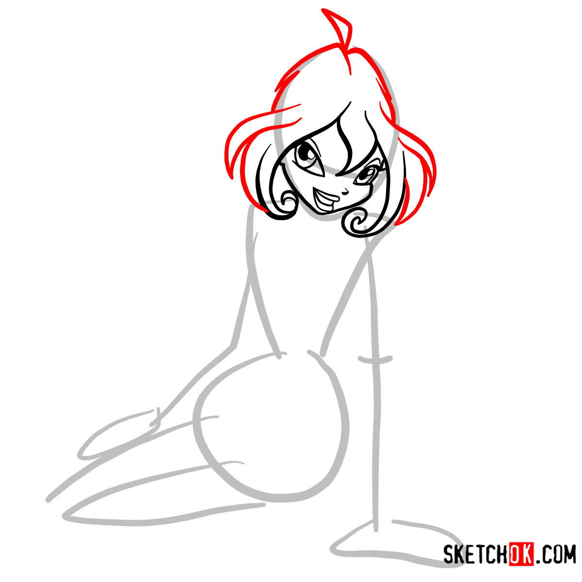 How to draw Bloom fire fairy sitting and smiling - step 04