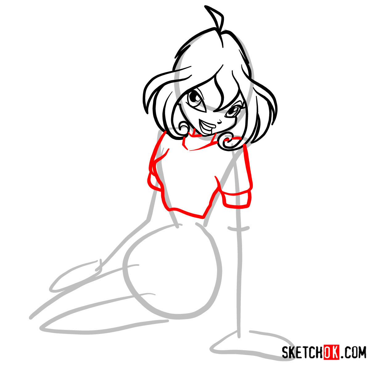 How to draw Bloom fire fairy sitting and smiling - step 05