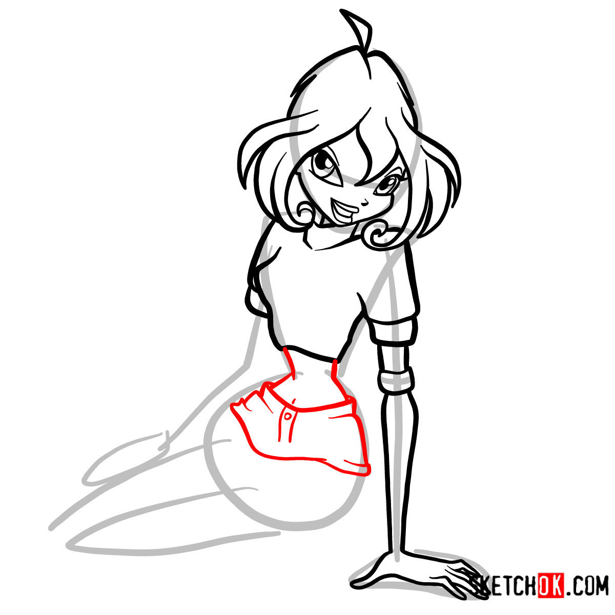 How to draw Bloom fire fairy sitting and smiling - step 07
