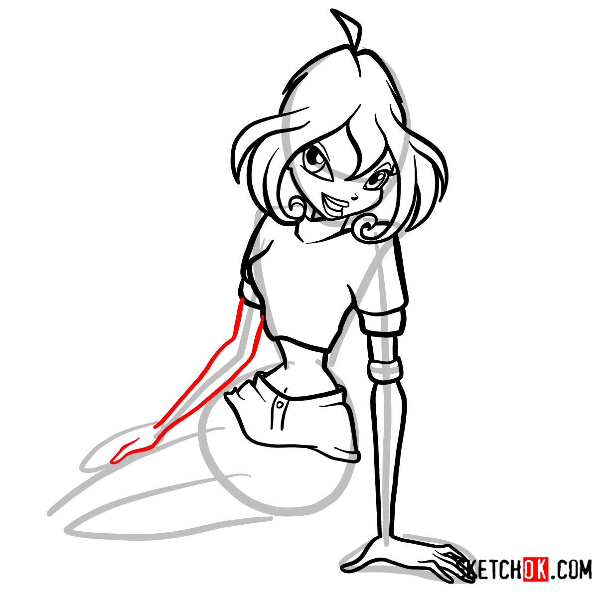 How to draw Bloom fire fairy sitting and smiling - step 08