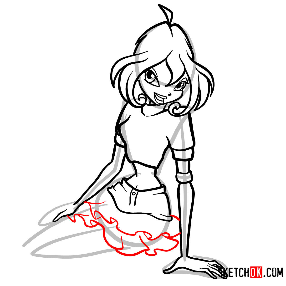 How to draw Bloom fire fairy sitting and smiling - step 09