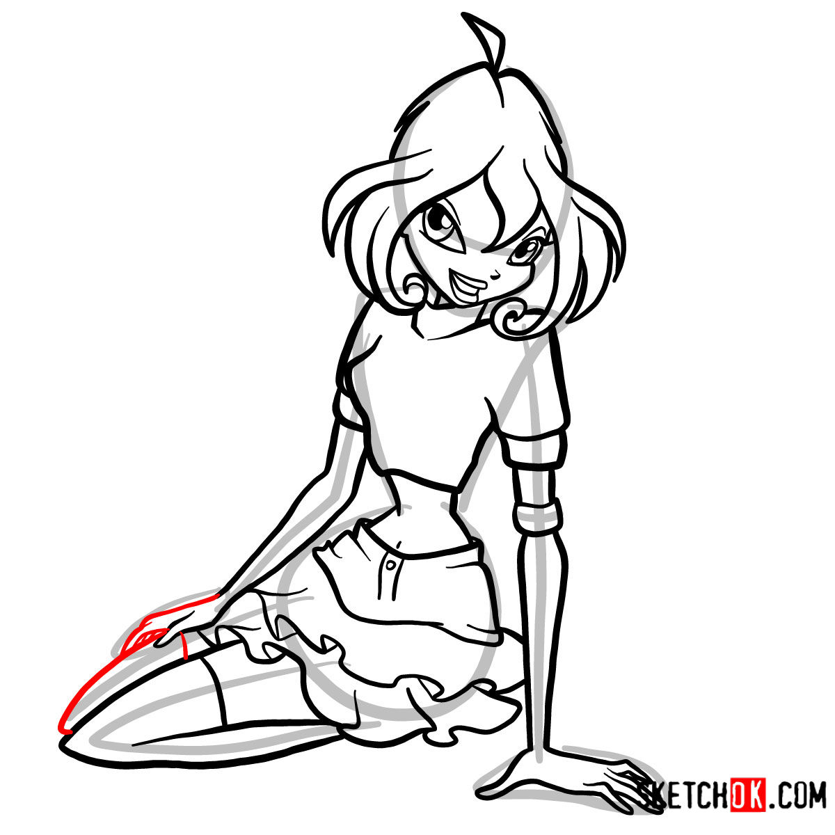 How to draw Bloom fire fairy sitting and smiling - step 11