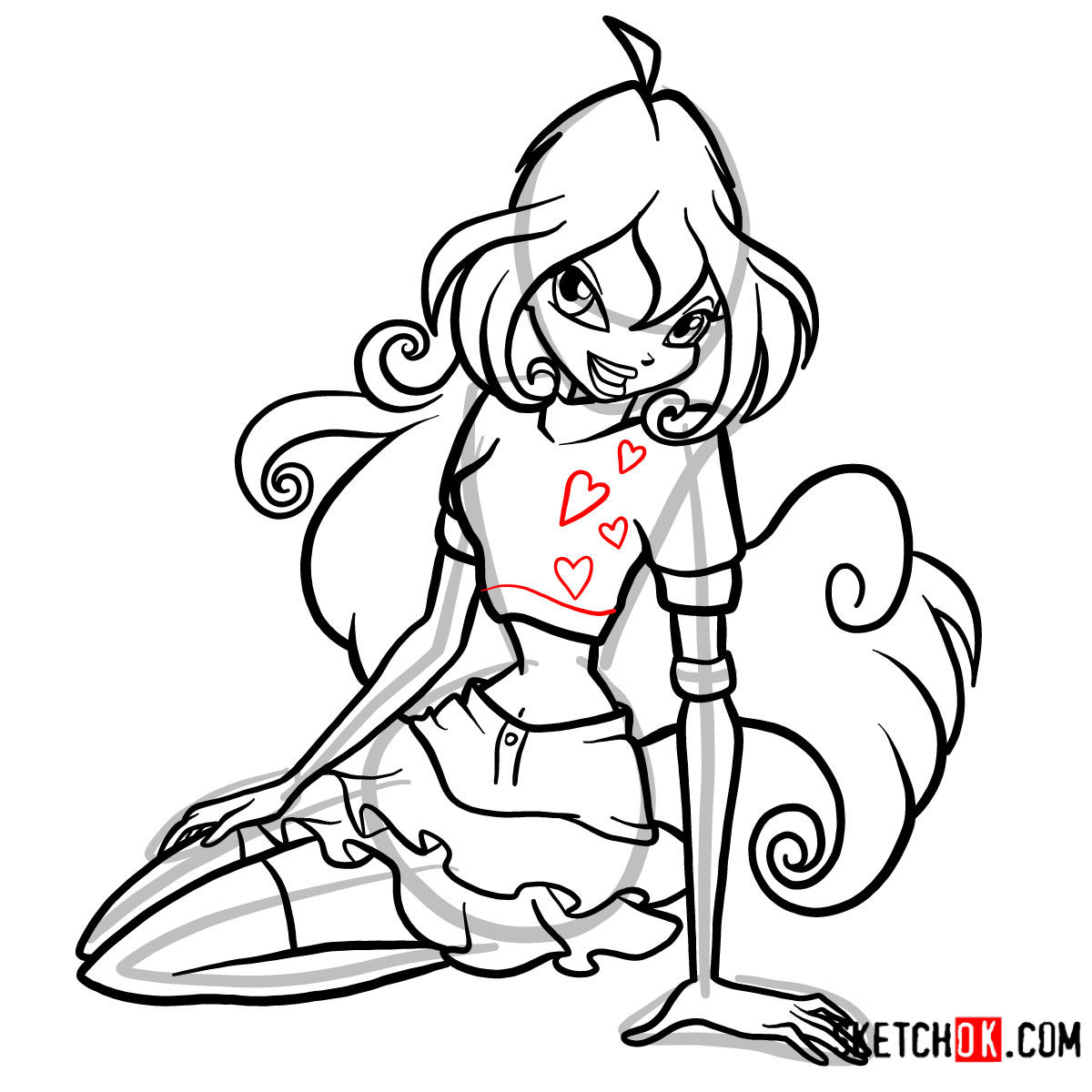 How to draw Bloom fire fairy sitting and smiling - step 13