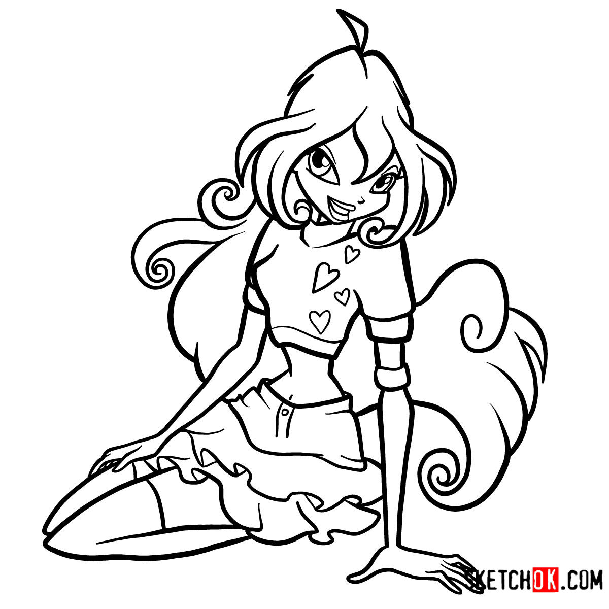 How to draw Bloom fire fairy sitting and smiling