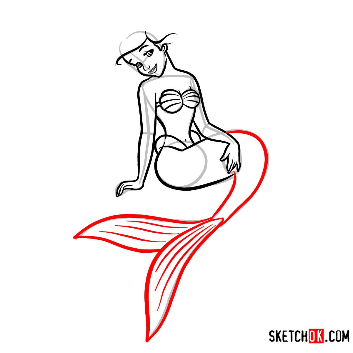 How to draw Ariel sitting on a stone | The Little Mermaid - step 08