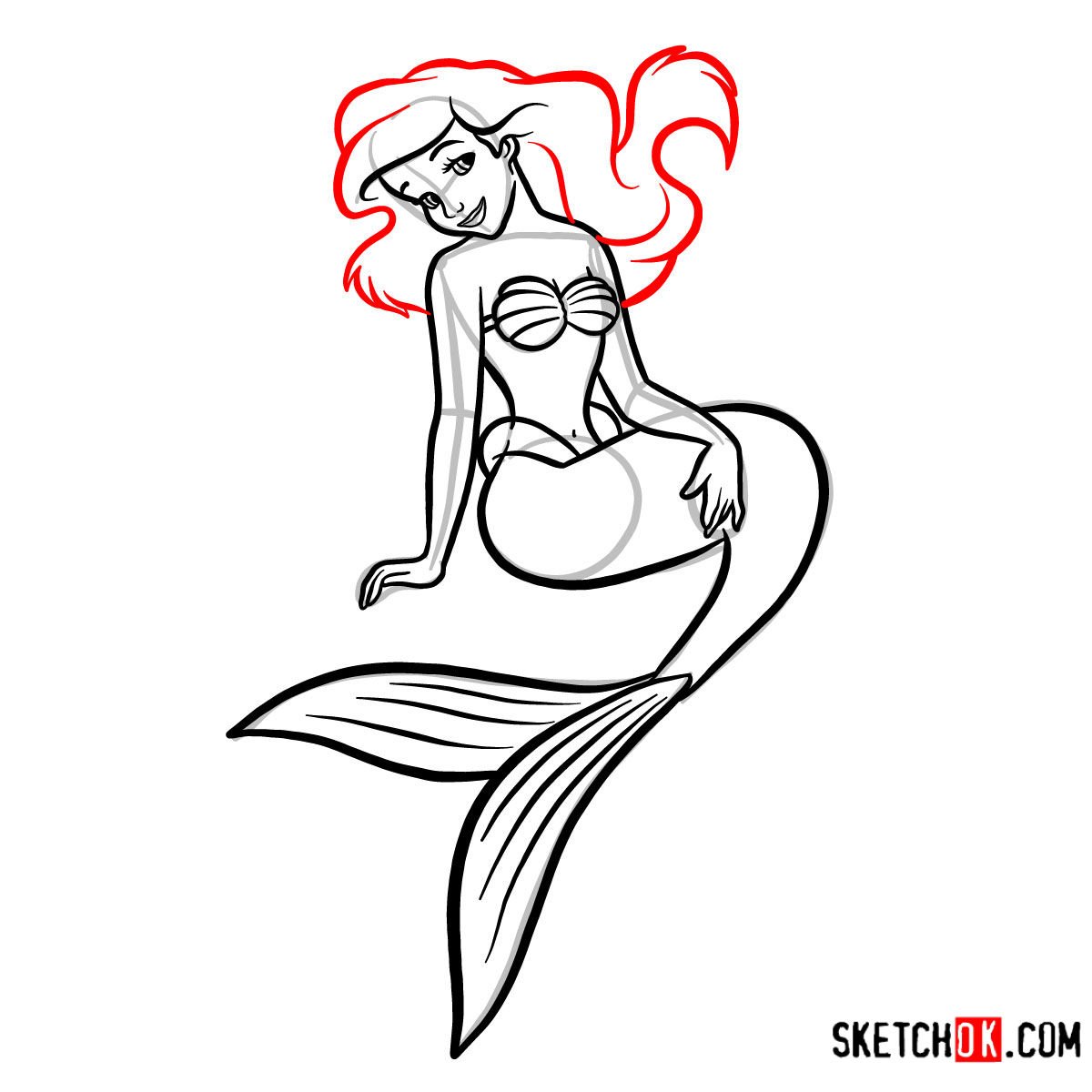 How to draw Ariel sitting on a stone | The Little Mermaid - step 09