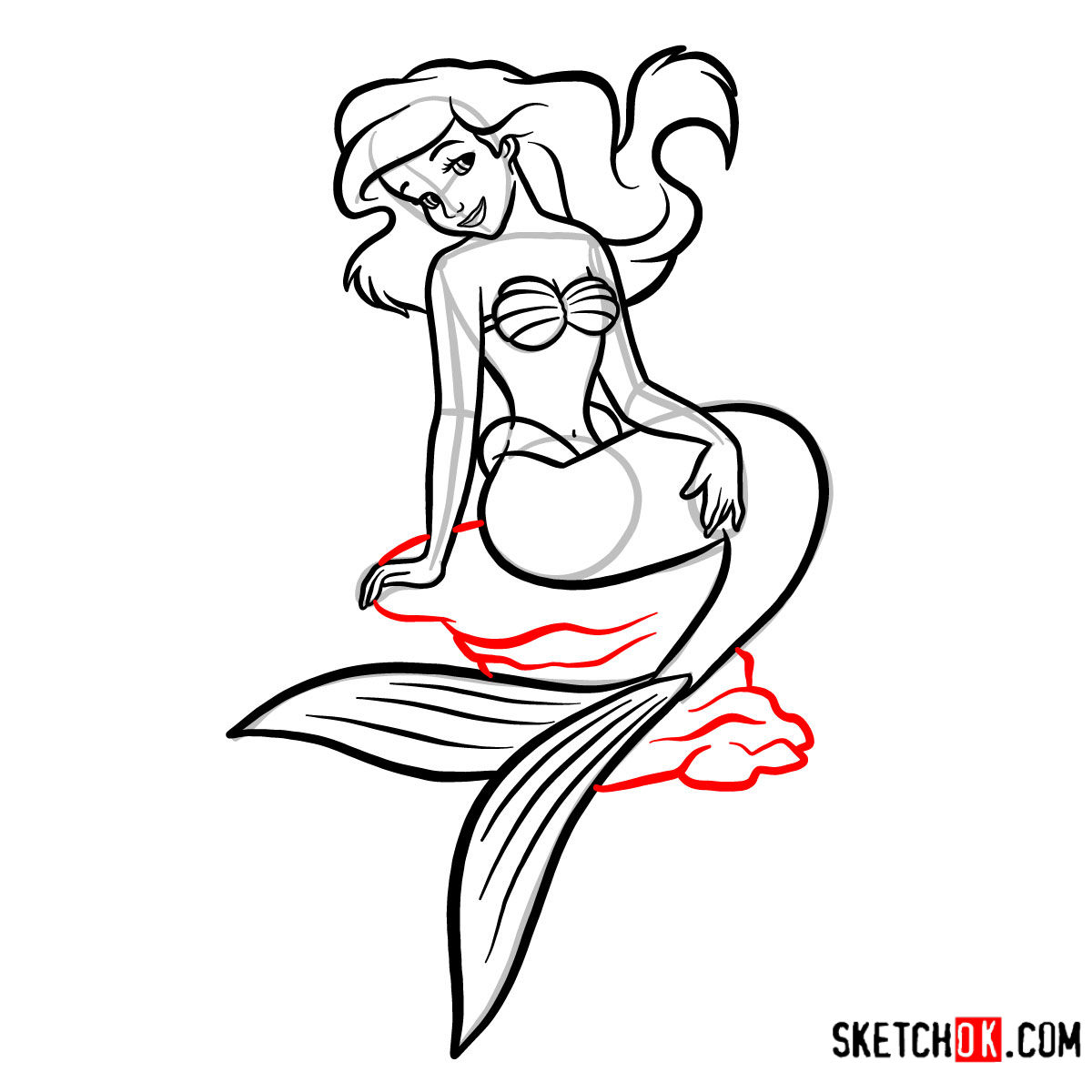 How to draw Ariel sitting on a stone | The Little Mermaid - step 10