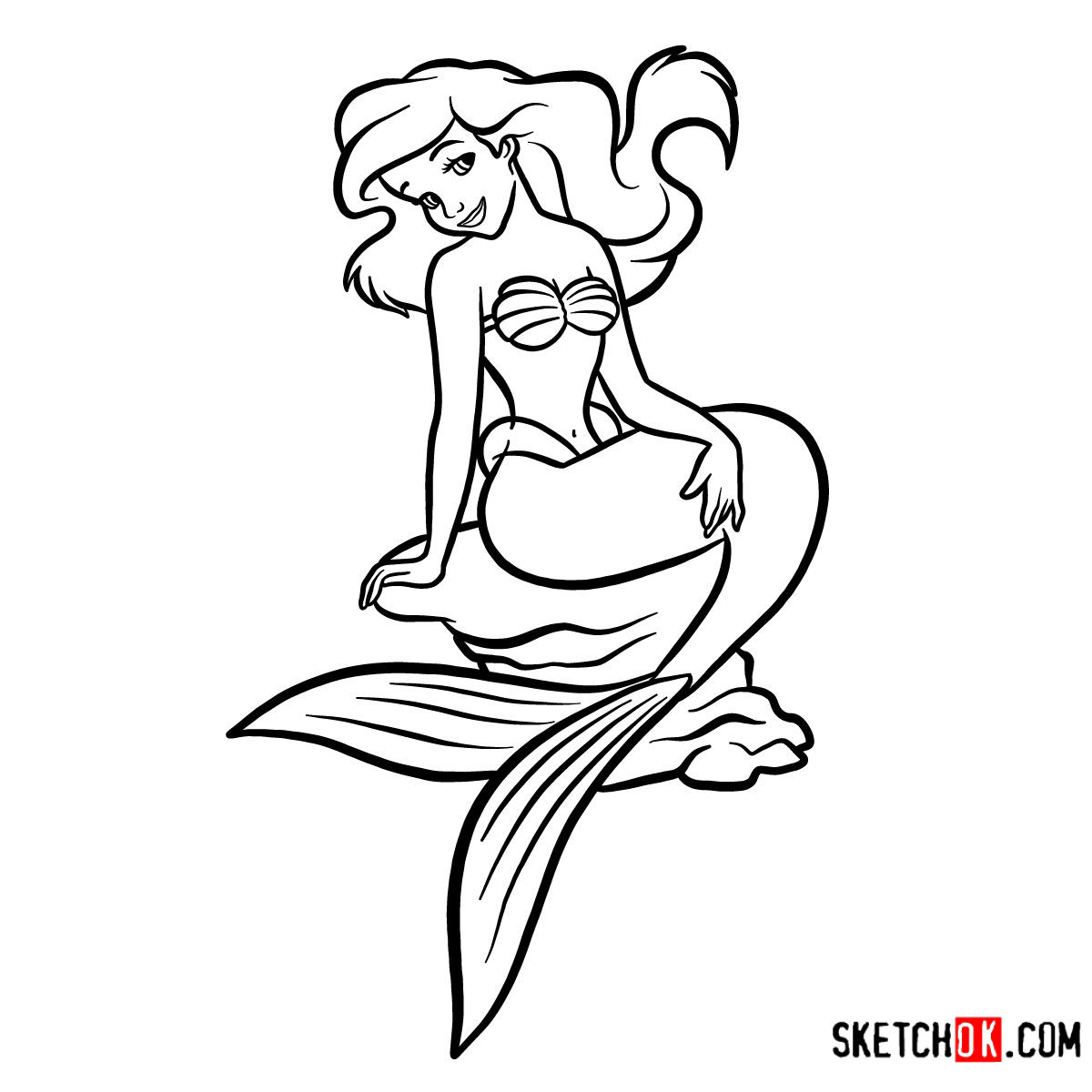 How to draw Ariel sitting on a stone The Little Mermaid