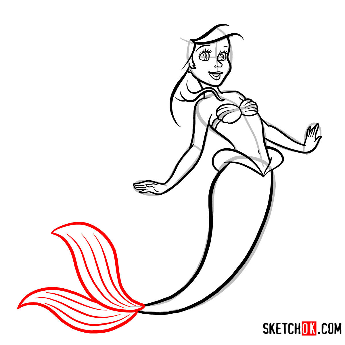 How to draw cute Ariel | The Little Mermaid - step 09
