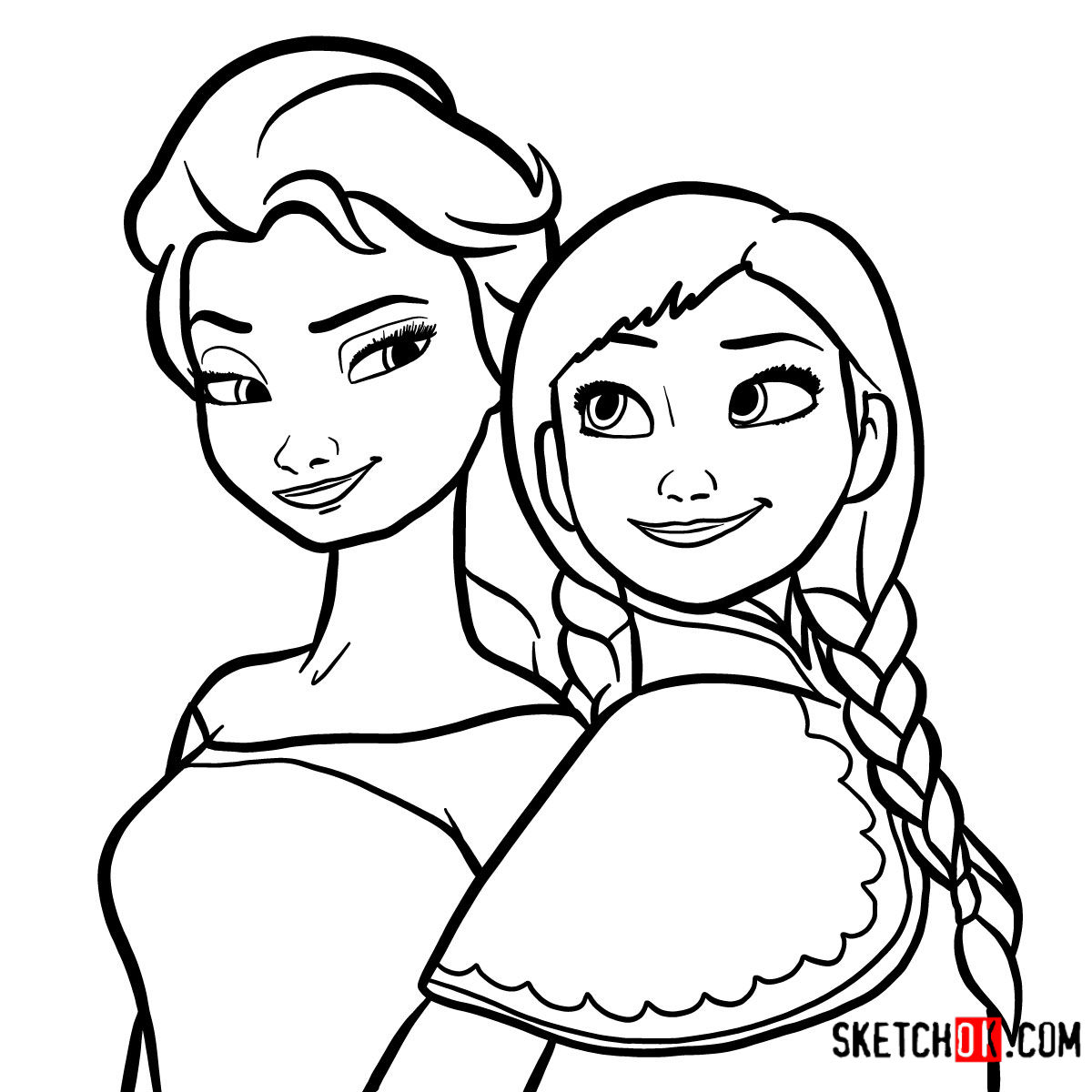 How to draw Elsa and Anna together | Frozen - Sketchok easy drawing guides