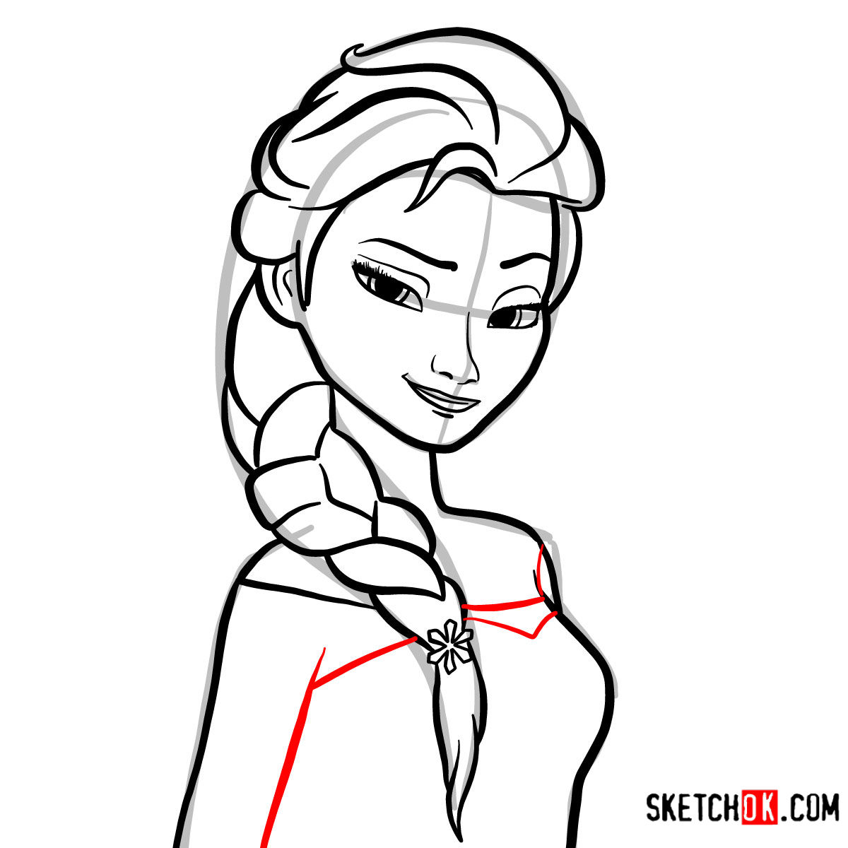Step-by-step drawing guide of the portrait of Princess Elsa.