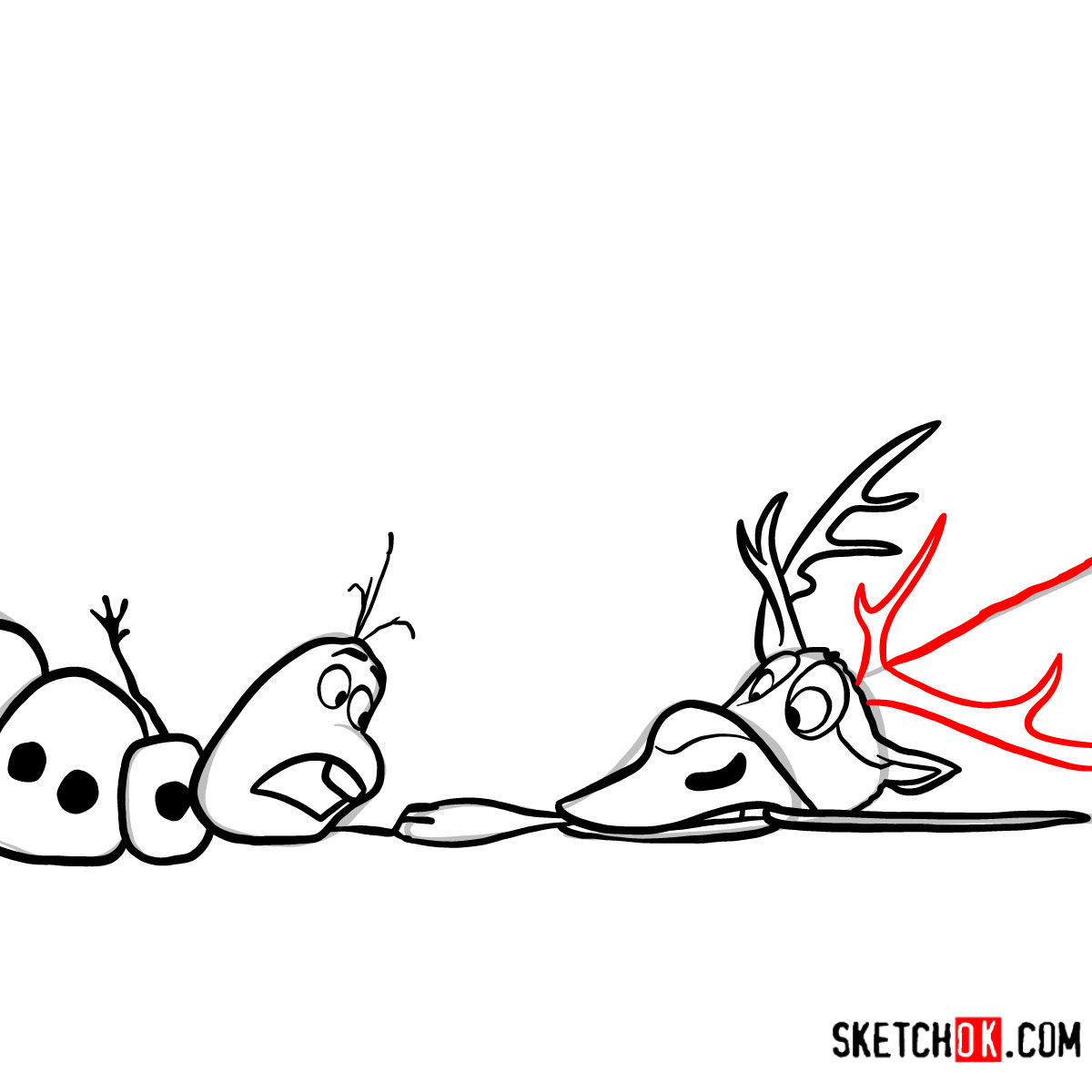 How to draw Sven trying to bite Olaf's carrot nose - step 12