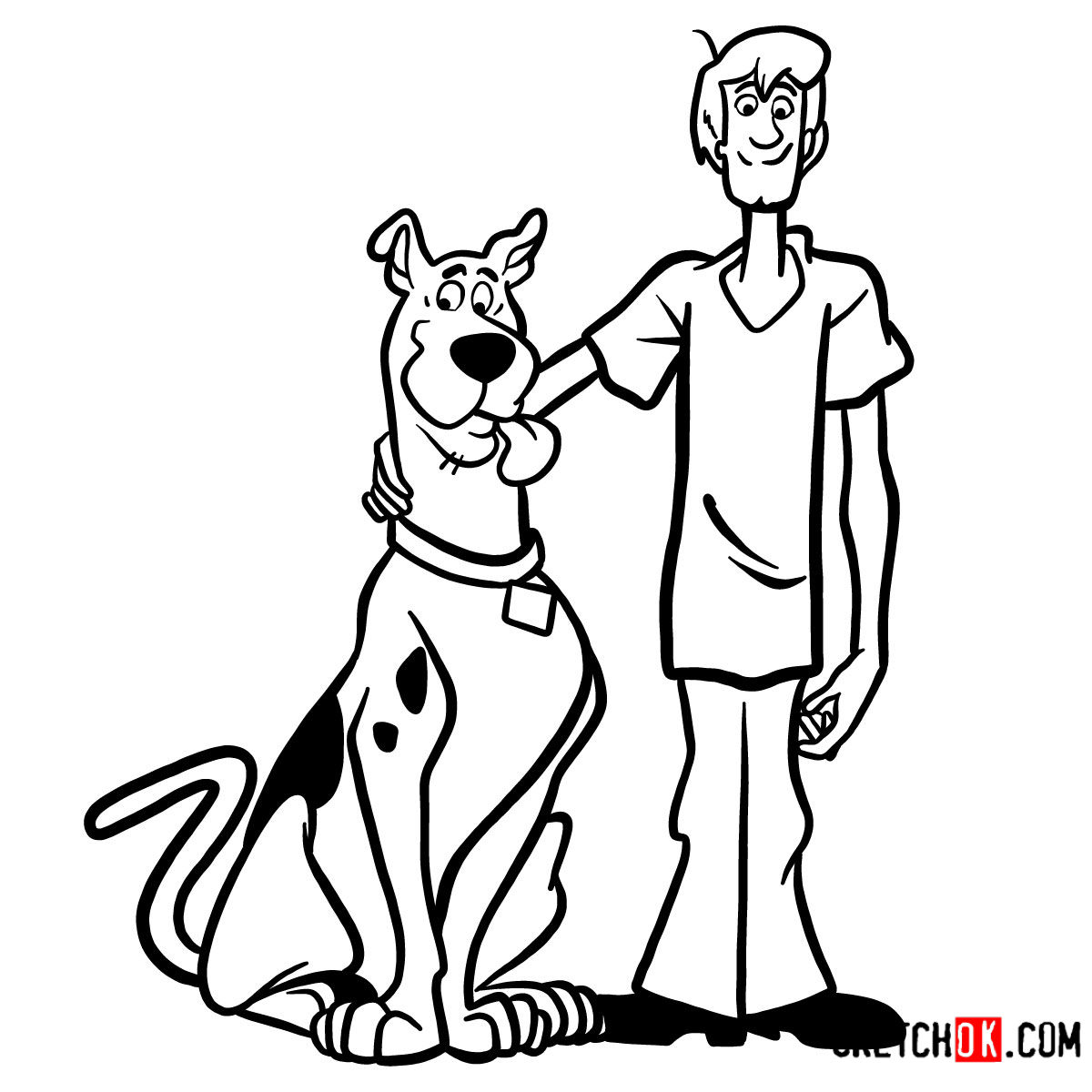 Step-by-step drawing guide of Scooby-Doo and Shaggy Rogers.