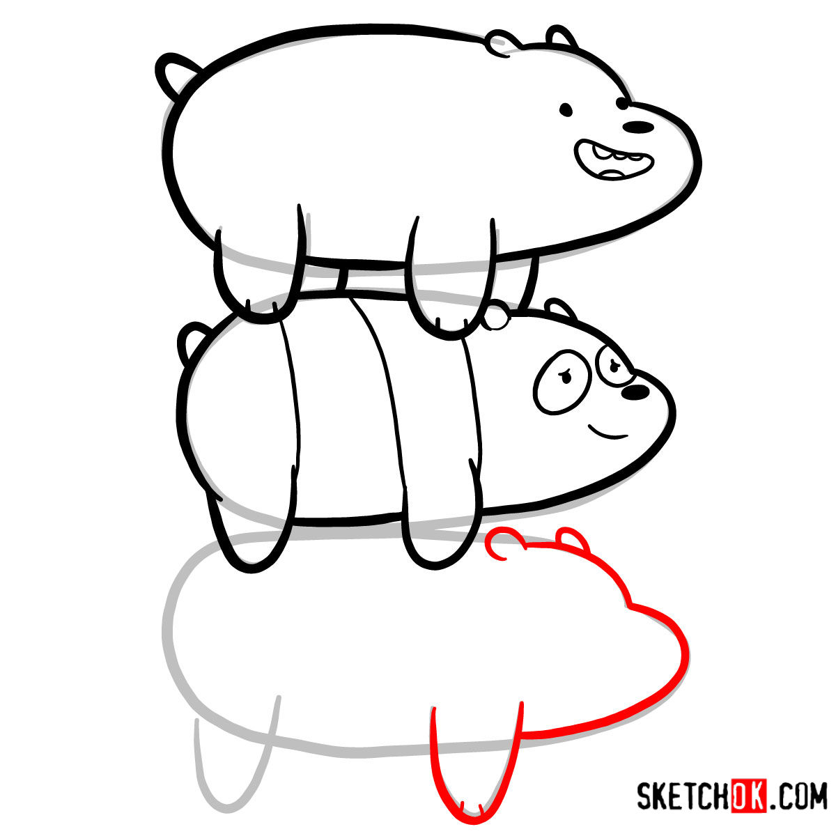 How to draw the bears standing on each others back | We Bare Bears - step 11