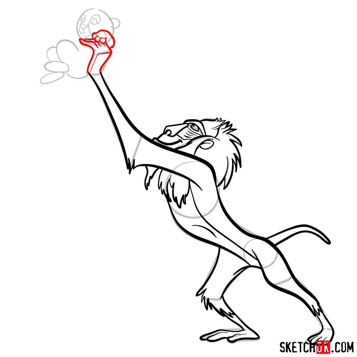 How to draw Rafiki holding Simba Lion King - step 09.