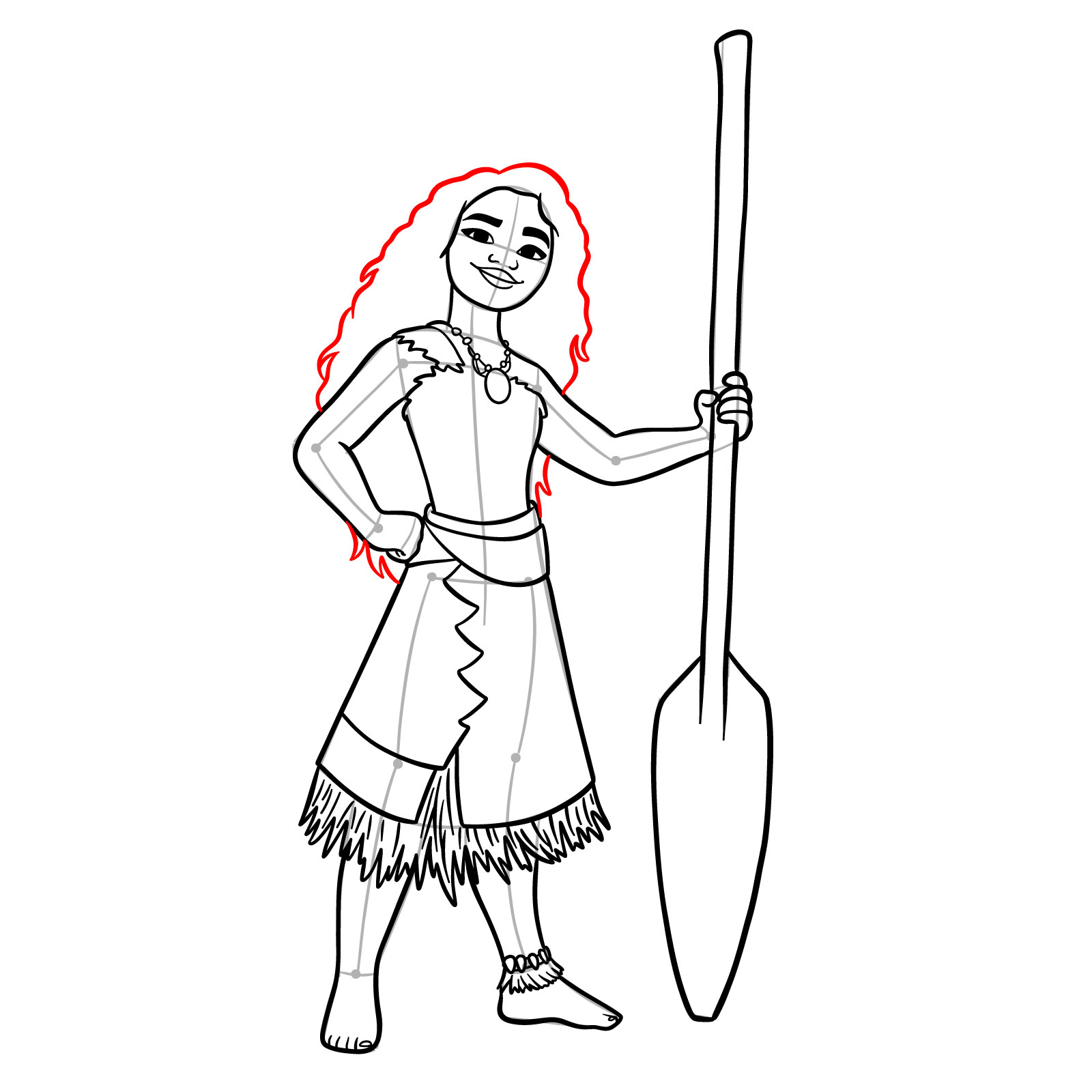 Hair outline for Moana drawing with wavy texture - step 21