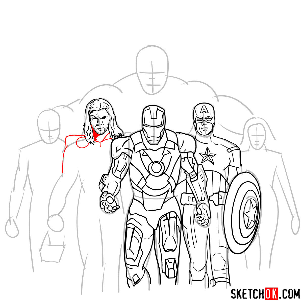 How to draw the Avengers Team - step 23