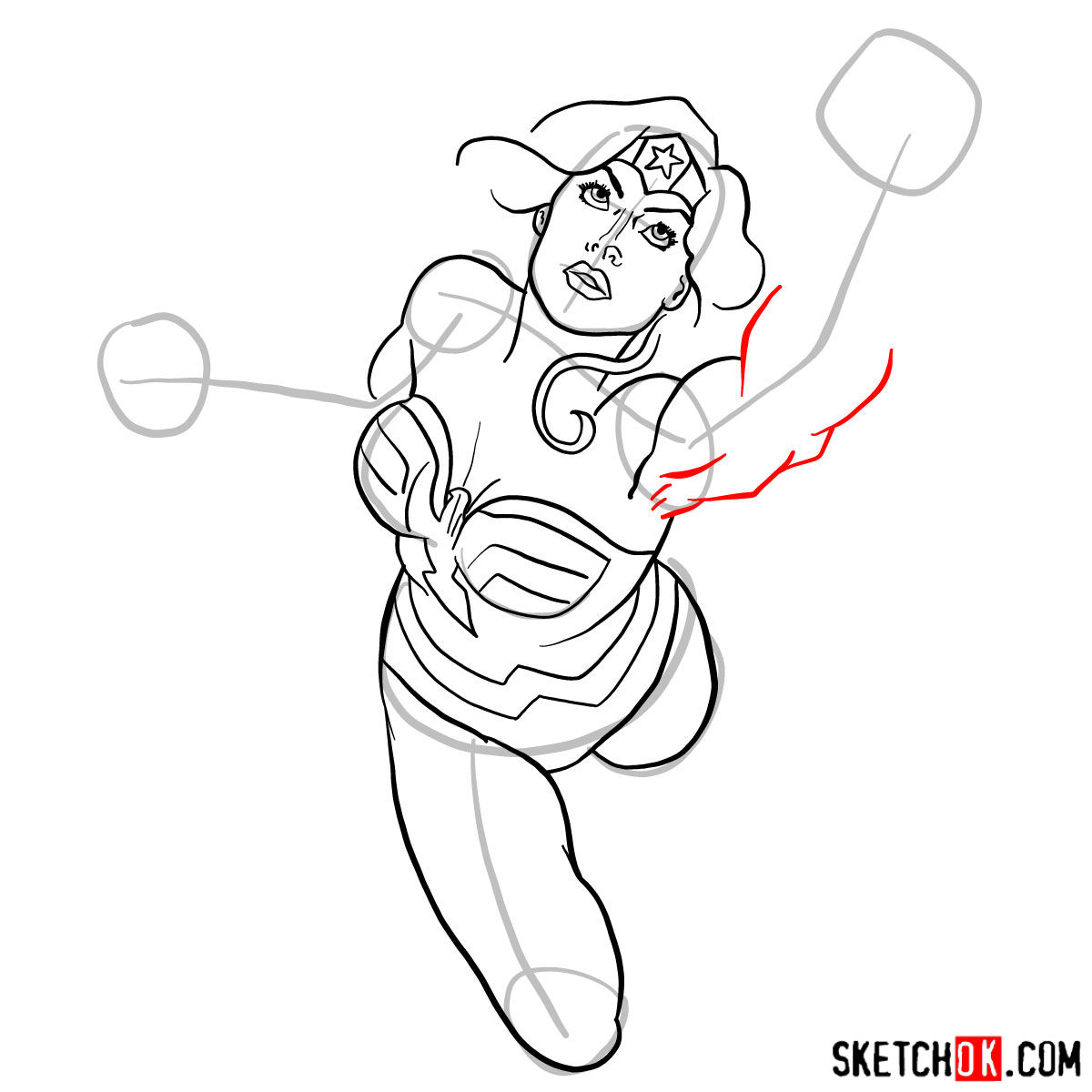 How to draw Wonder Woman in flight - step 10