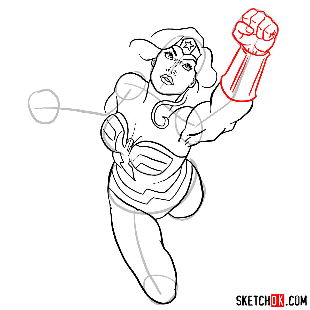 How to draw Wonder Woman in flight - step 11