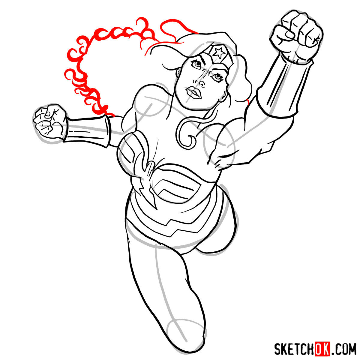 How to draw Wonder Woman in flight - step 13