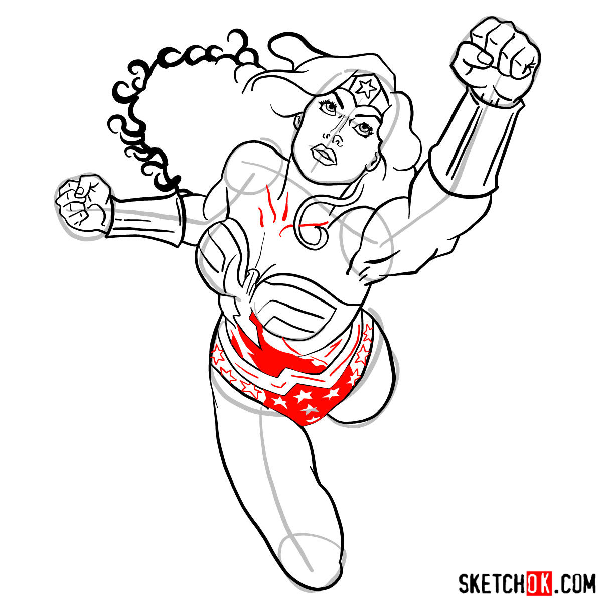 How to draw Wonder Woman in flight - step 14