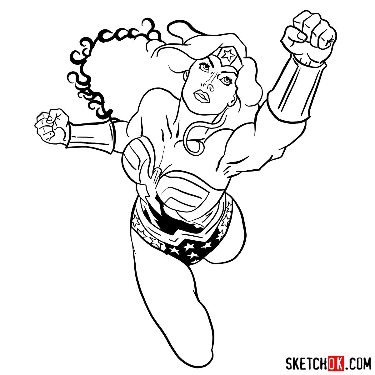 How to draw Wonder Woman in flight - step 15