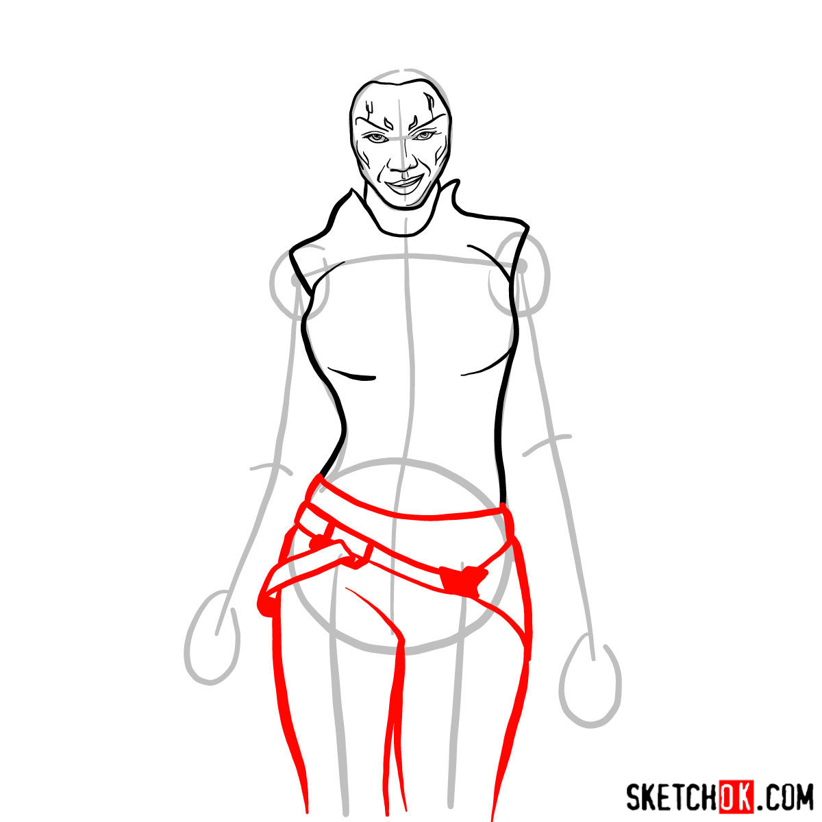 How to draw Gamora from Guardians of the Galaxy - step 07