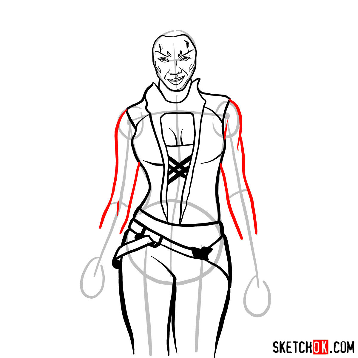 How to draw Gamora from Guardians of the Galaxy - step 09