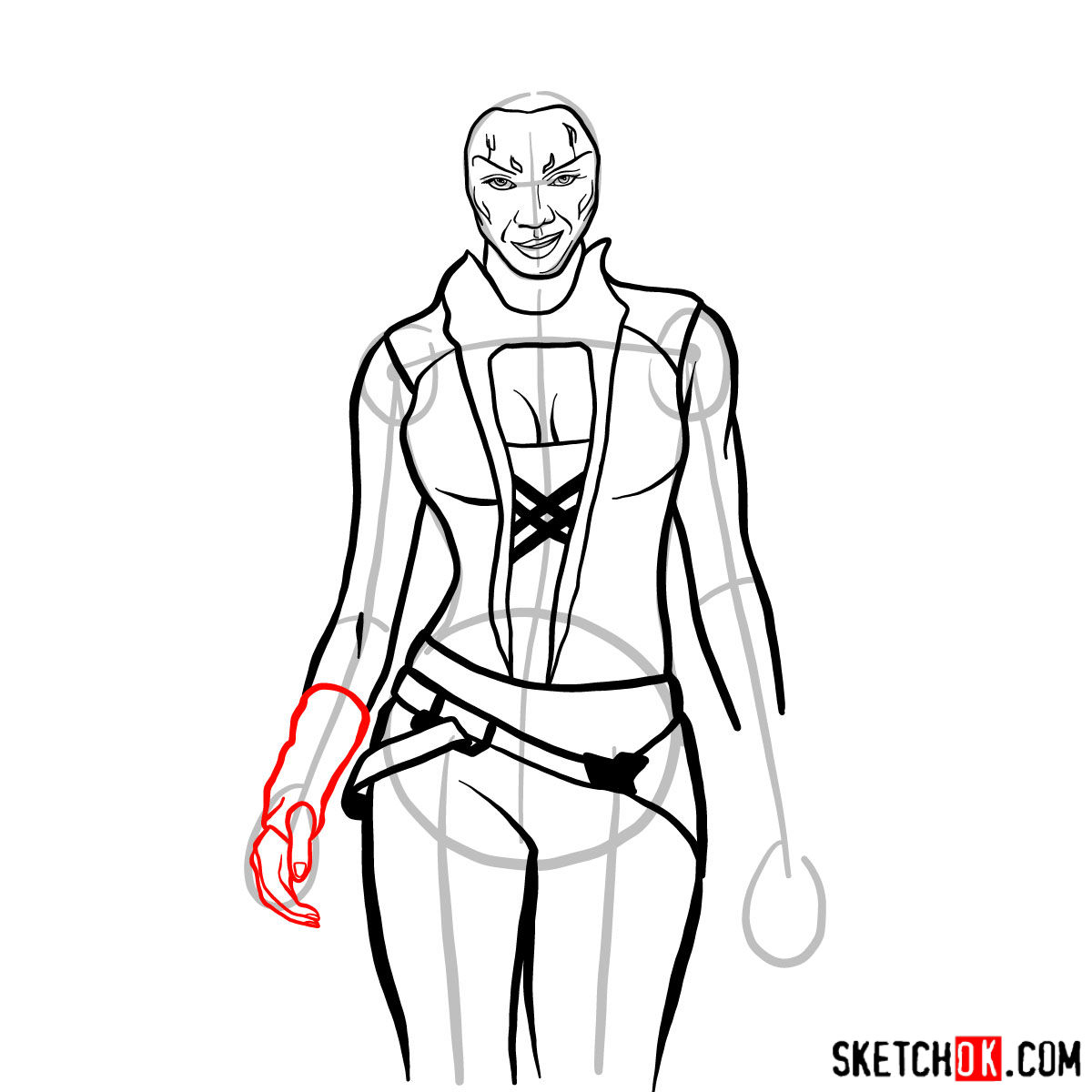 How to draw Gamora from Guardians of the Galaxy - step 10