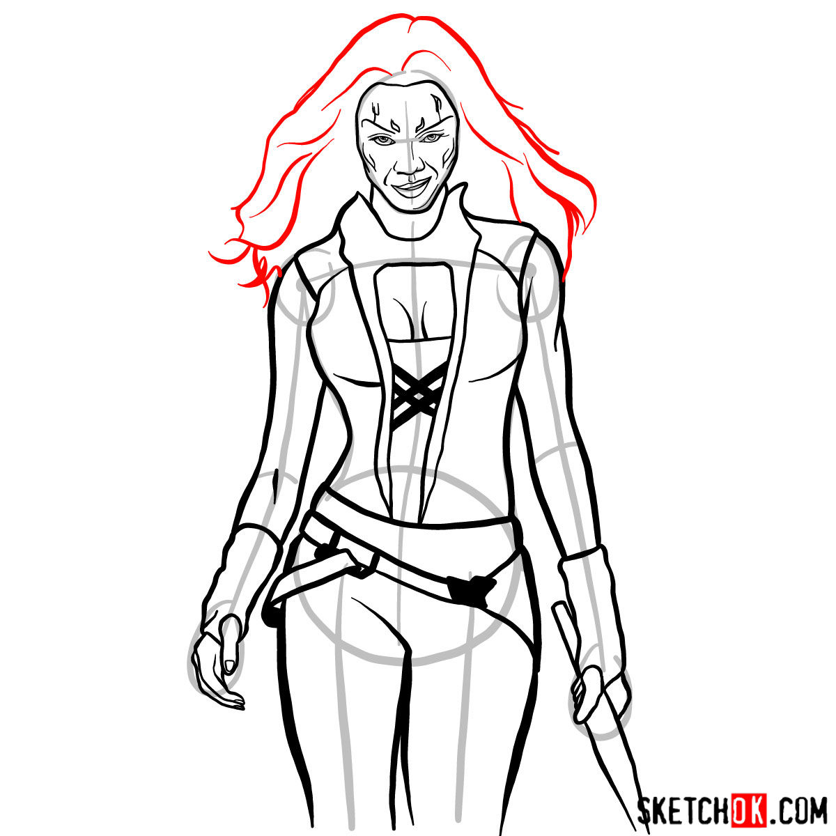 How to draw Gamora from Guardians of the Galaxy - step 12
