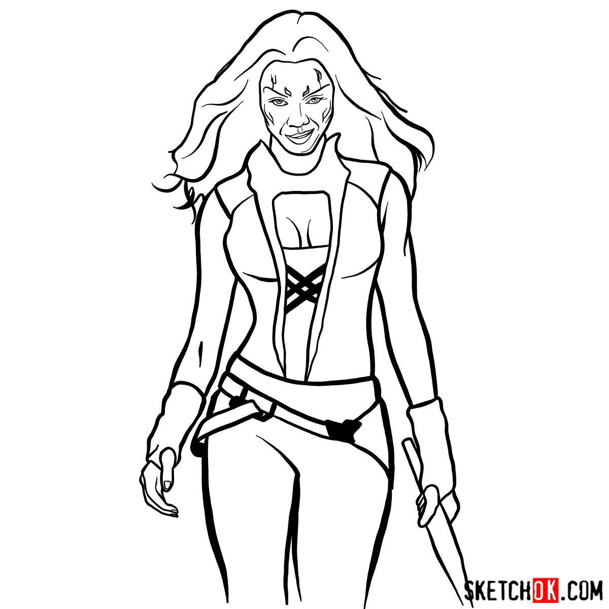How to draw Gamora from Guardians of the Galaxy - step 13