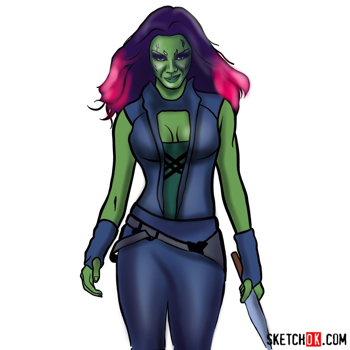 How to draw Gamora from Guardians of the Galaxy - Sketchok easy drawing gui...