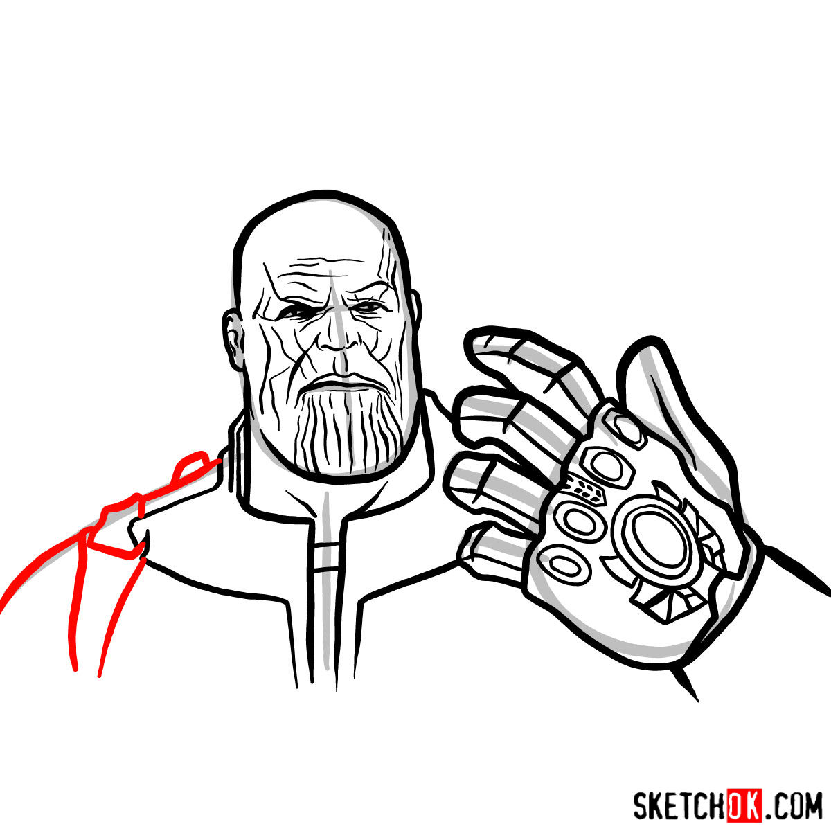 How to draw Thanos from the Avengers: Infinity War 2018 film - step 14