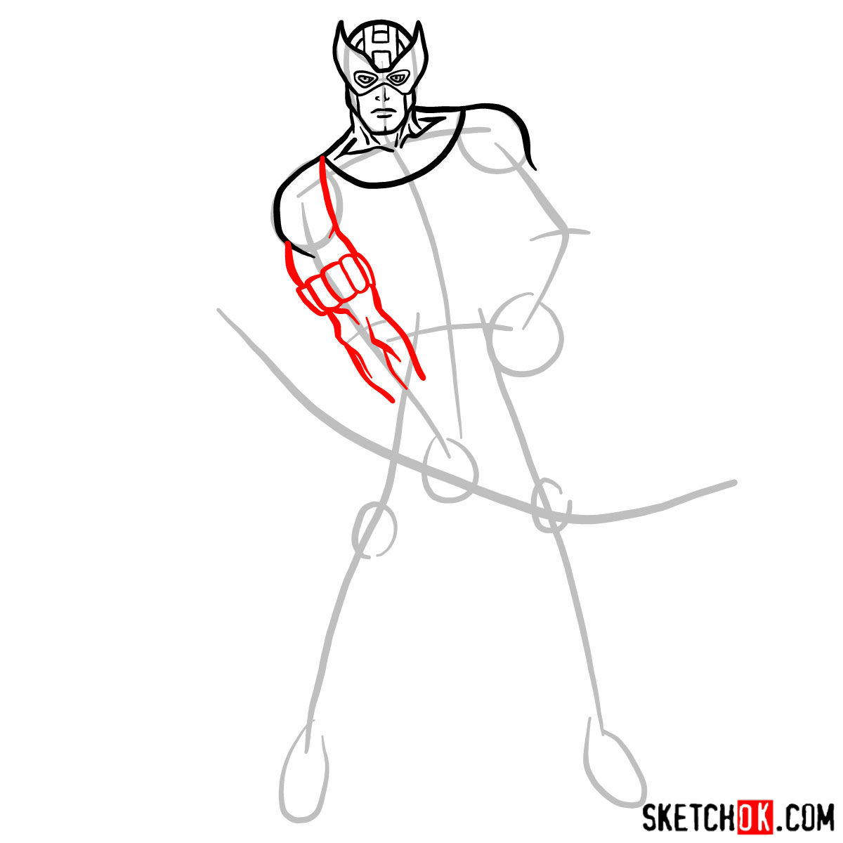 How to draw Hawkeye in a suit and mask - step 06
