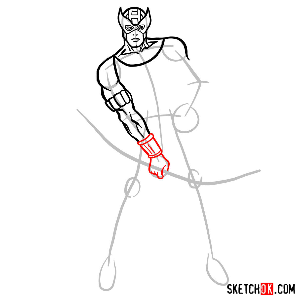 How to draw Hawkeye in a suit and mask - step 07