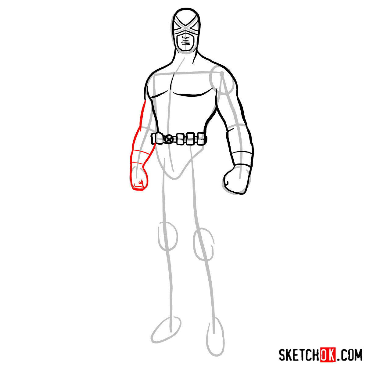 How to draw Cyclops in a dark-red uniform - step 08